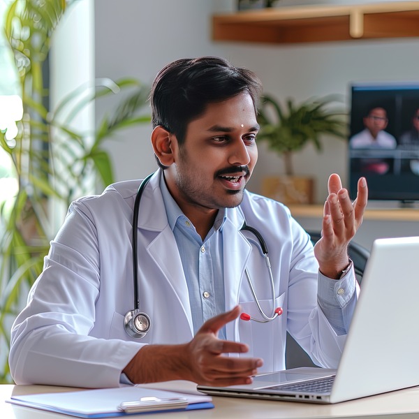 man lab coat is sitting desk with laptop monitor him 3 man lab coat is sitting desk with laptop monitor him 3